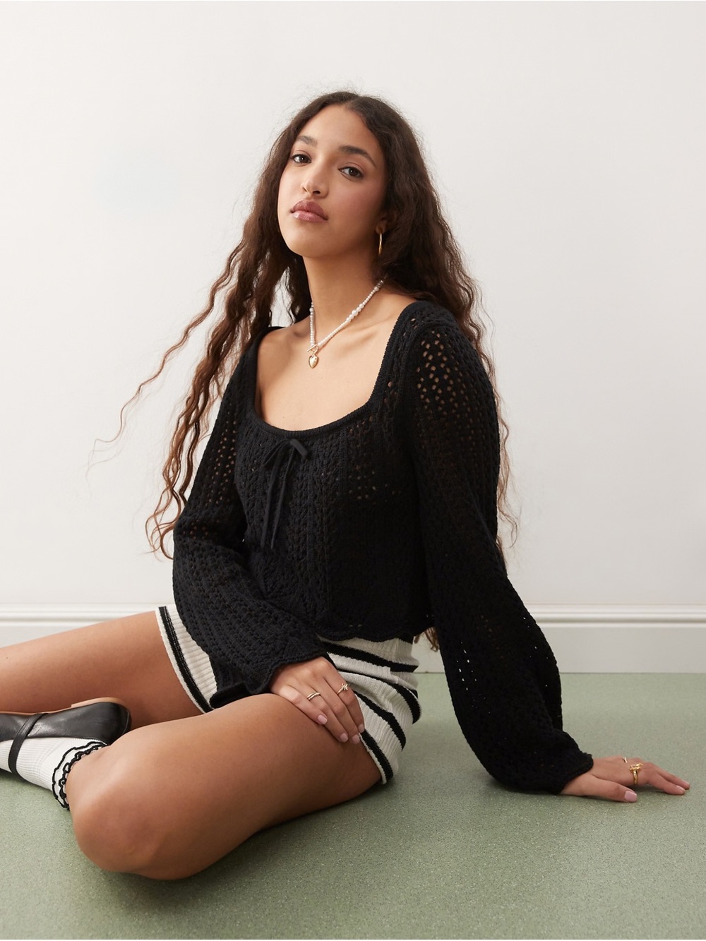 Miss Selfridge crochet square neck long sleeve sweater in black